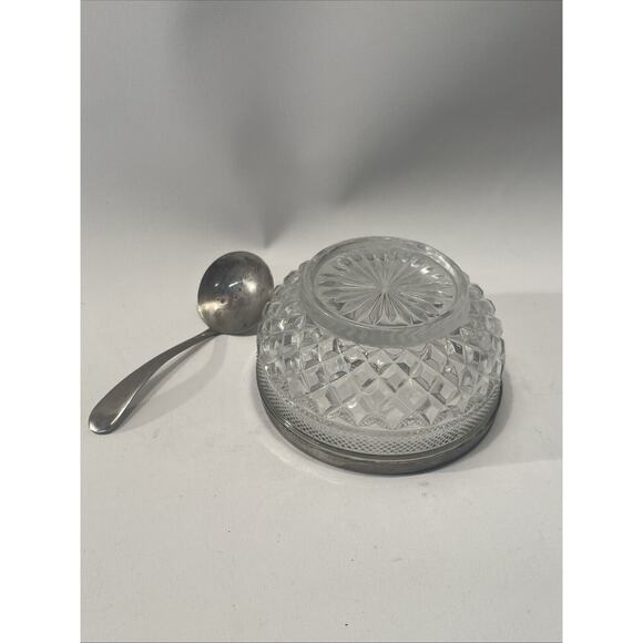 Vintage Silver Plated Edged Crystal Sugar Bowl From England - With Spoon - Picture 4 of 9